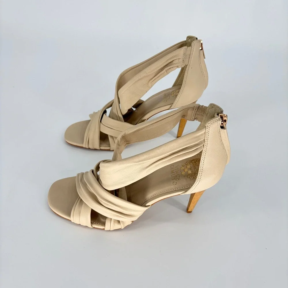 Vince Camuto Beige Leather Strappy Ruched Heeled Sandals Wood Heel Size 9.5M